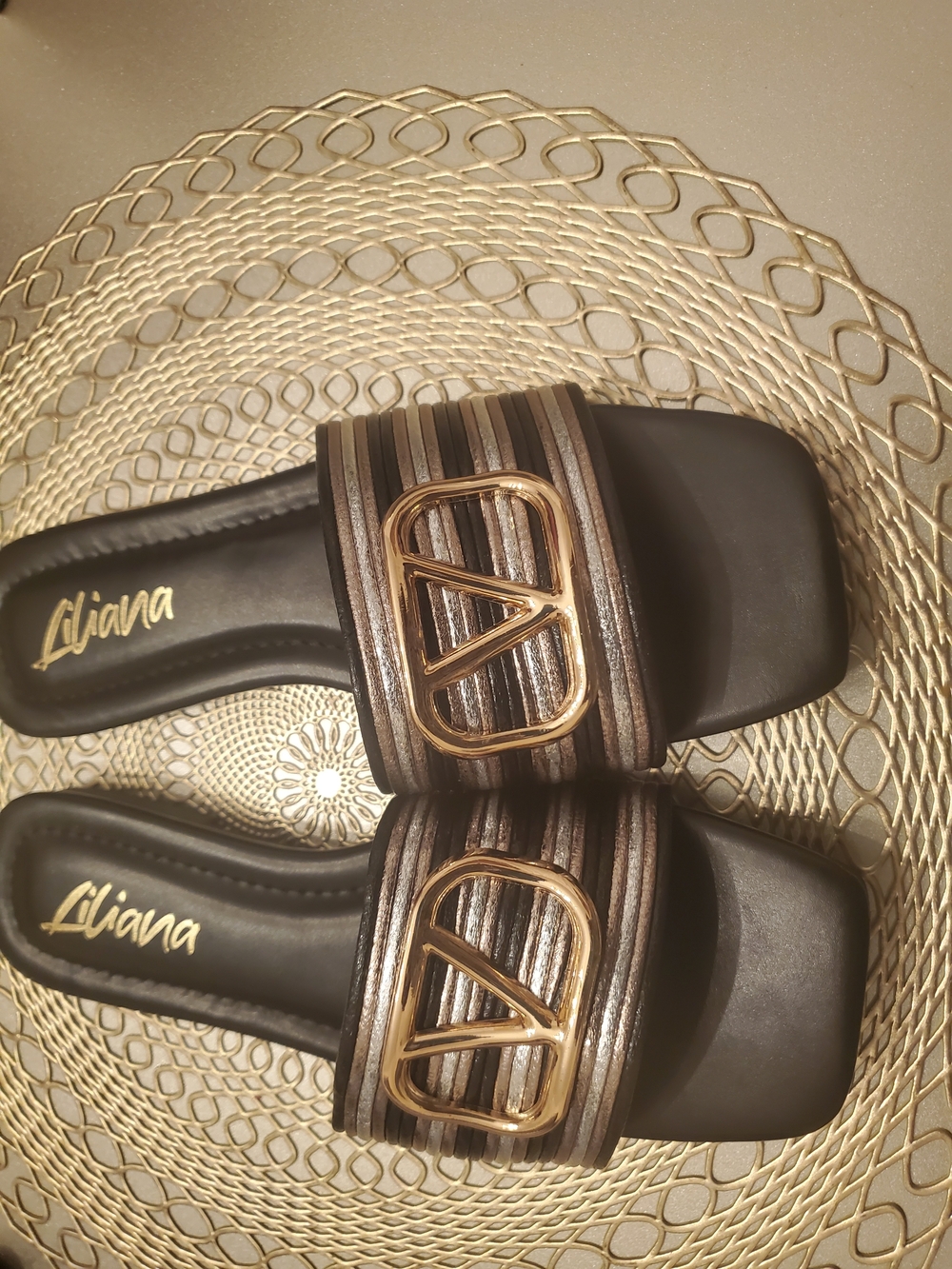 Liliana Black Slide Sandals with Brown Metallic Striped Band and Gold Accent